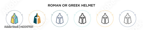 Roman or greek helmet icon in filled, thin line, outline and stroke style. Vector illustration of two colored and black roman or greek helmet vector icons designs can be used for mobile, ui, web