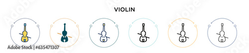 Violin icon in filled, thin line, outline and stroke style. Vector illustration of two colored and black violin vector icons designs can be used for mobile, ui, web