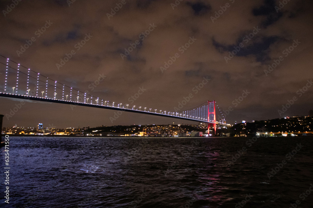 Night Istanbul. Beautiful view of the night Bosphorus bridge and the city. All on fire at sunset.
