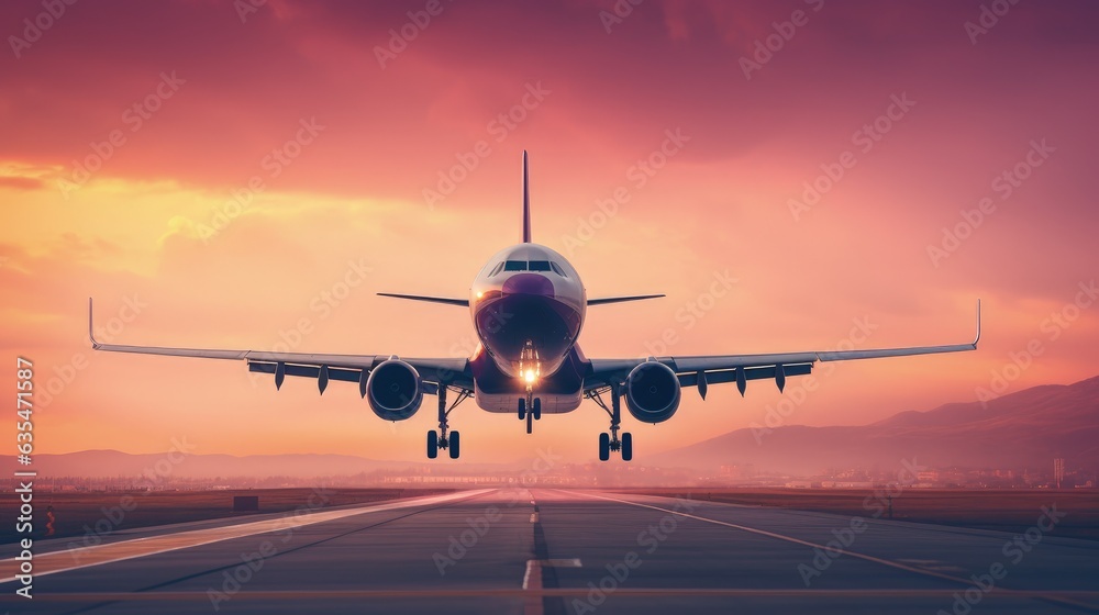 Landscape with plane taking off in the sky, travel and tourism concept. Generative AI Landscape with plane taking off in the sky, travel and tourism concept. Generative AI