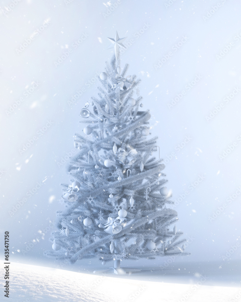 Snowy Christmas tree with snowflakes on a white background with copy space.