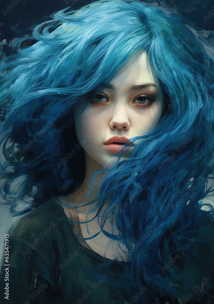 A woman with a long blue flowing hairs, stunning generative art portrait A woman with a long blue flowing hairs, stunning generative art portrait