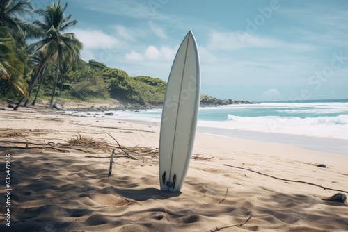 Landscape with surfboard on the beach, sea and sky. Generative AI © Deivison