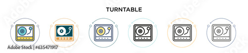 Turntable icon in filled, thin line, outline and stroke style. Vector illustration of two colored and black turntable vector icons designs can be used for mobile, ui, web