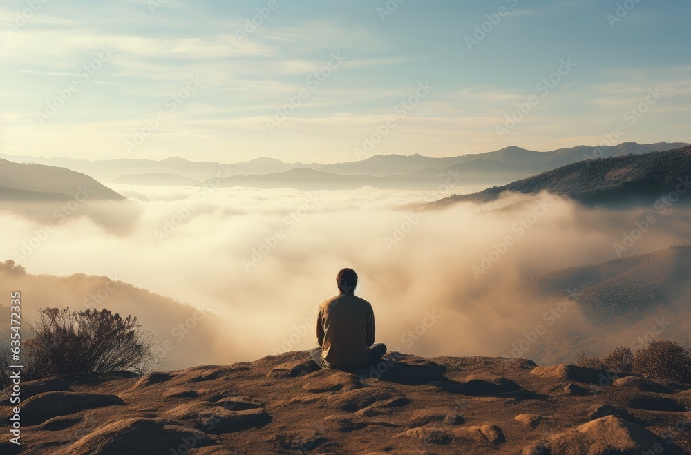 Landscape with man sitting on the top of the mountain, reflection and freedom concept. Generative AI Landscape with man sitting on the top of the mountain, reflection and freedom concept. Generative AI