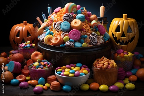 Halloween candies and sweets on dark background.Generative Ai © Rudsaphon