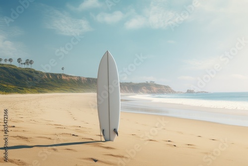 Landscape with surfboard on the beach, sea and sky. Generative AI