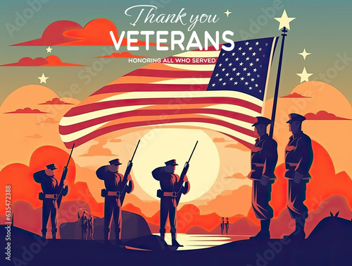 US Veteran's day poster. Honoring all who served. United States Memorial Day background, patriotic theme, veterans saluting to US flag shadowed out