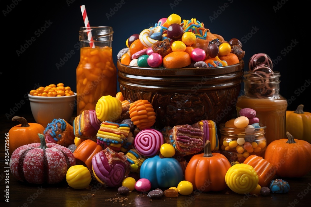 Halloween candies and sweets on dark background.Generative Ai Halloween candies and sweets on dark background.Generative Ai