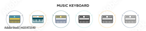 Music keyboard icon in filled, thin line, outline and stroke style. Vector illustration of two colored and black music keyboard vector icons designs can be used for mobile, ui, web