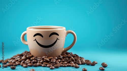 Coffee mug with happy face, blue background with scattered coffee. Generative AI