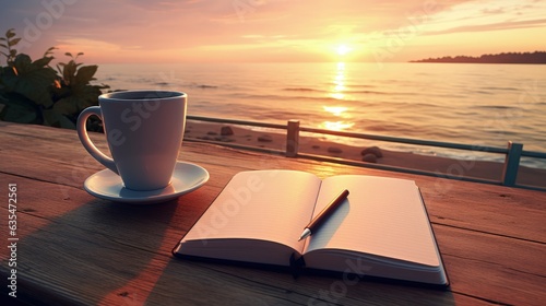 Coffee mug and notebook on wooden table, sea, sky and sunset in the background. Generative AI