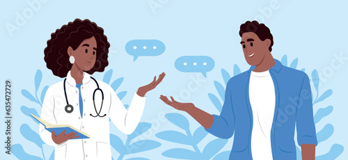 Portrait of African American female doctor explaining diagnosis to her patient. A female doctor meeting with a patient in the examination room. Prostate Cancer awareness month