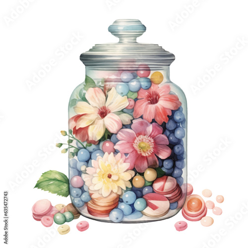 Candy Jar with Flowers Watercolor Clip Art, Watercolor Illustration, Flowers Sublimation Design, Flowers Clip Art.