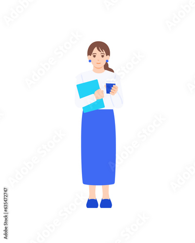 おしとやかな女性。コーヒーを手に持つビジネスウーマンのイラスト素材。