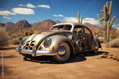 Vintage custom car in the desert with cacti and canyons. Generative AI
