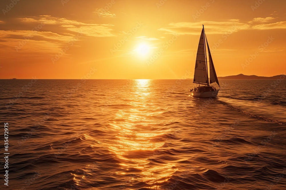 Beautiful seascape. Yacht in the rays of the setting sun