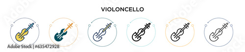 Violoncello icon in filled, thin line, outline and stroke style. Vector illustration of two colored and black violoncello vector icons designs can be used for mobile, ui, web