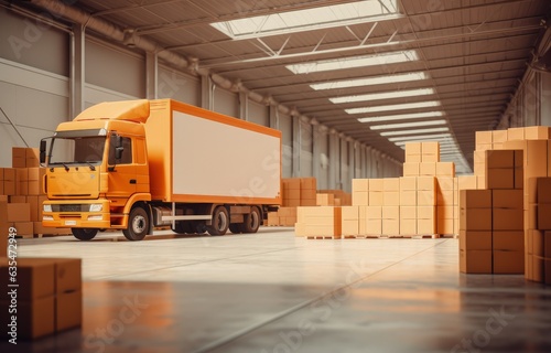 Truck inside logistic warehouse full of cardboard boxes, concept of logistics and parcel delivery. Generative AI