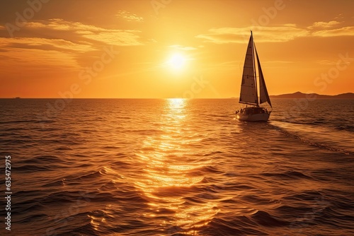 Beautiful seascape. Yacht in the rays of the setting sun