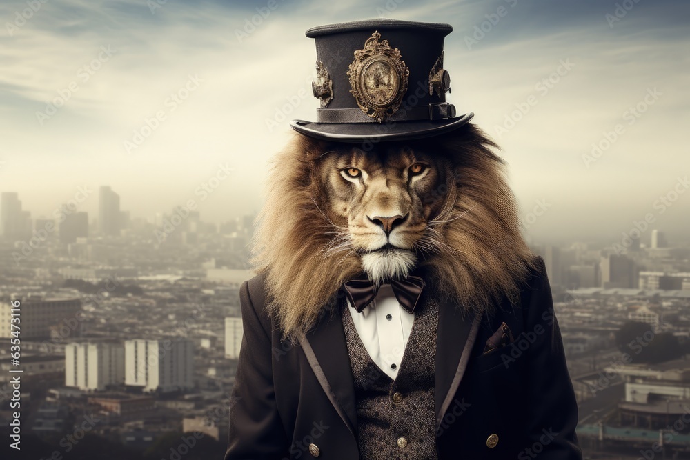 Lion man with top hat and costume in steampunk style, city in background, fantasy concept. Generative AI