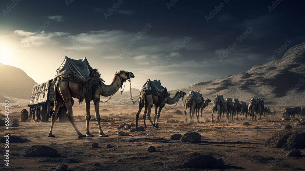 Camel caravan at dawn. Generative Ai. Camel caravan at dawn. Generative Ai.