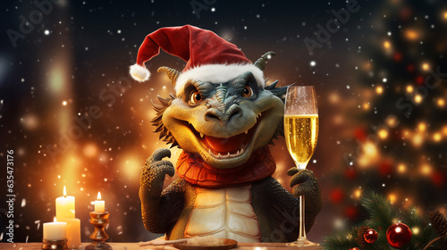 funny smiling dragon wishes merry christmas. Generative Ai. 