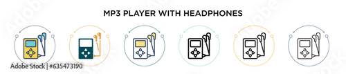 Mp3 player with headphones icon in filled, thin line, outline and stroke style. Vector illustration of two colored and black mp3 player with headphones vector icons designs can be used for mobile, ui,