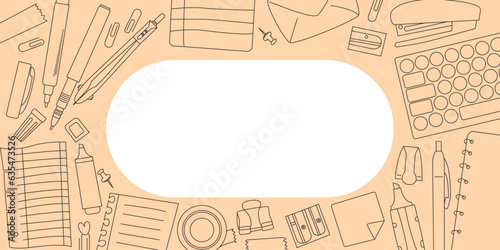 Horizontal banner with stationery without text. Vector line art style with editable stroke. Doodle illustration with office supplies. Learning desktop