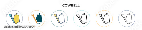Cowbell icon in filled, thin line, outline and stroke style. Vector illustration of two colored and black cowbell vector icons designs can be used for mobile, ui, web