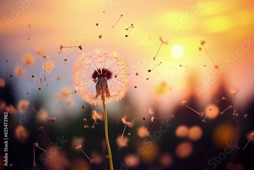 Landscape with dandelion field and sunset  bokeh background. generative AI