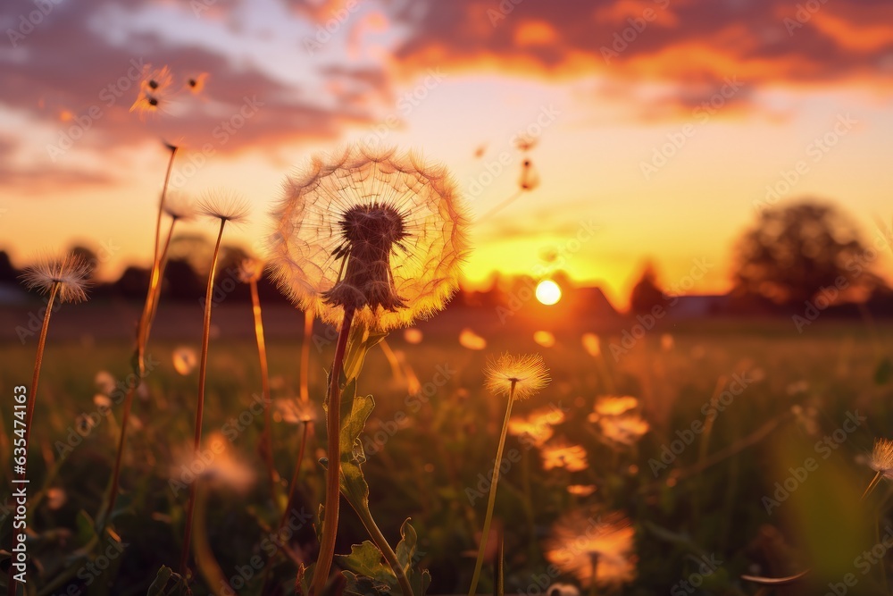 Landscape with dandelion field and sunset, bokeh background. generative AI