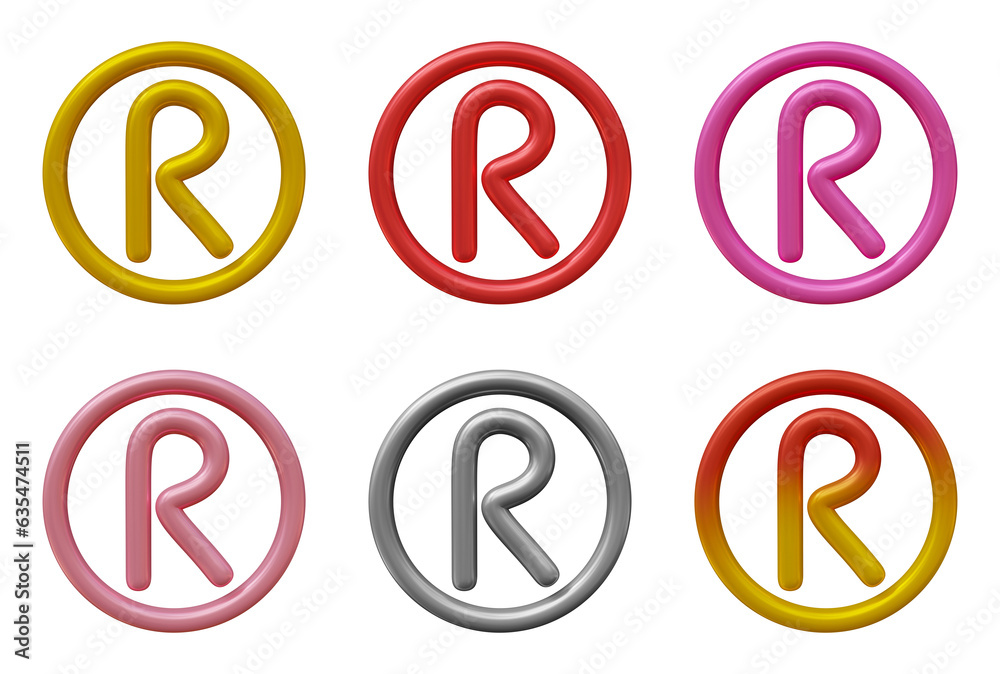 Set of registered trademark icon in 3d rendering isolated on transparent background for business copyright and intellectual property protection concept. Set of registered trademark icon in 3d rendering isolated on transparent background for business copyright and intellectual property protection concept.