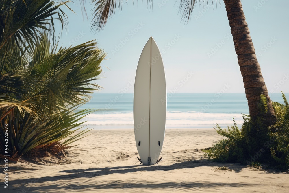 Landscape with surfboard on the beach, coconut trees and sea. Generative AI