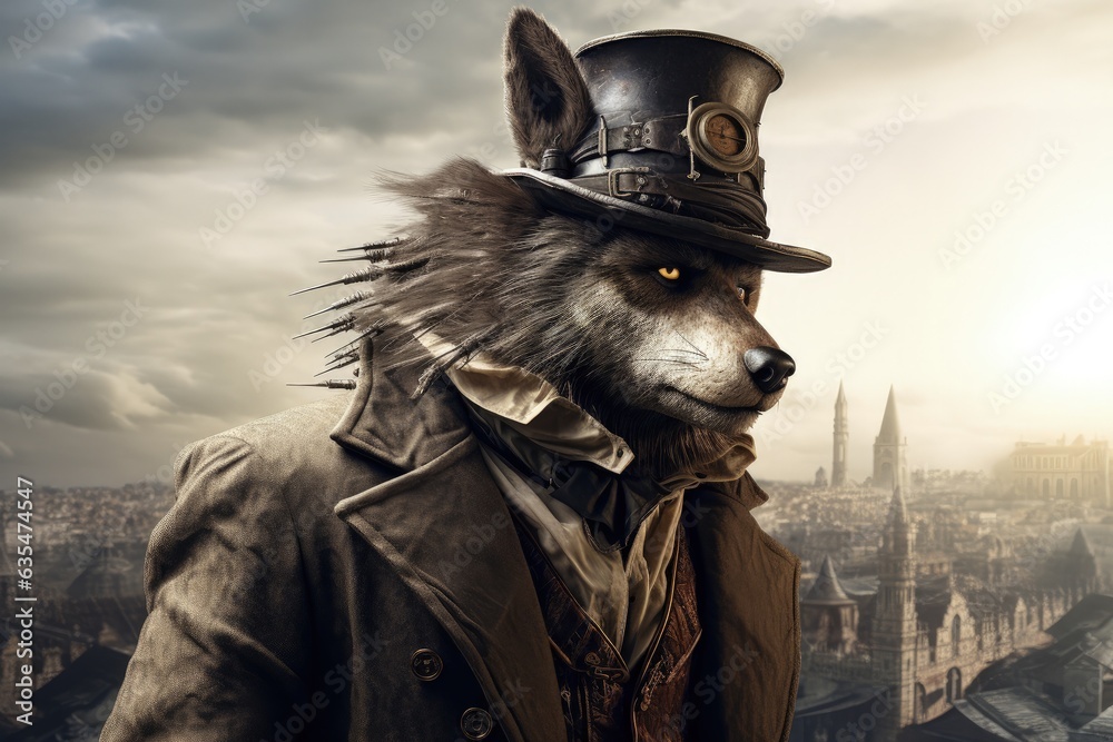 Fototapeta premium Wolf man with top hat and costume in steampunk style, city in background, fantasy concept. Generative AI