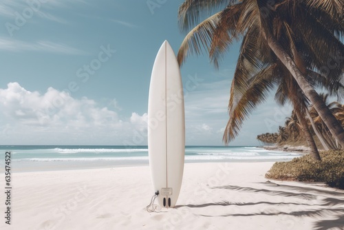 Landscape with surfboard on the beach, coconut trees and sea. Generative AI © Deivison