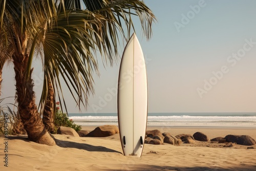 Landscape with surfboard on the beach, coconut trees and sea. Generative AI