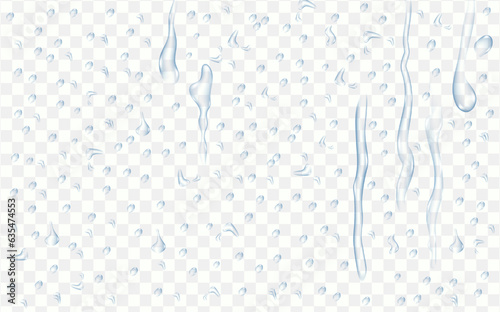 Rain transparent drops flow down the glass.Realistic wet condensation texture.Fresh water splash effect on the surface.Liquid spreading droplet shapes.