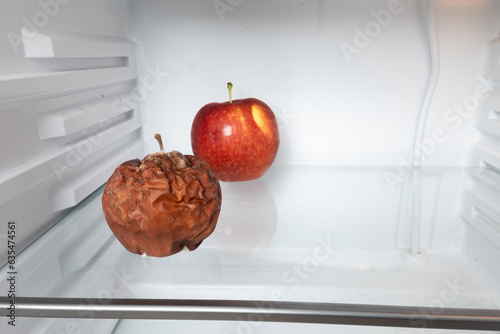Moldy apple on the shelf of an open refrigerator. Two apples, moldy in the foreground and ripe in the background. Expired food, spoiled food.