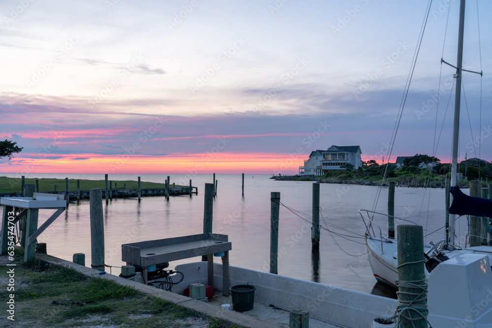 A Harbor with Fishing Boats on the Pamlico Sound in Avon North Carolina as the Sun Sets