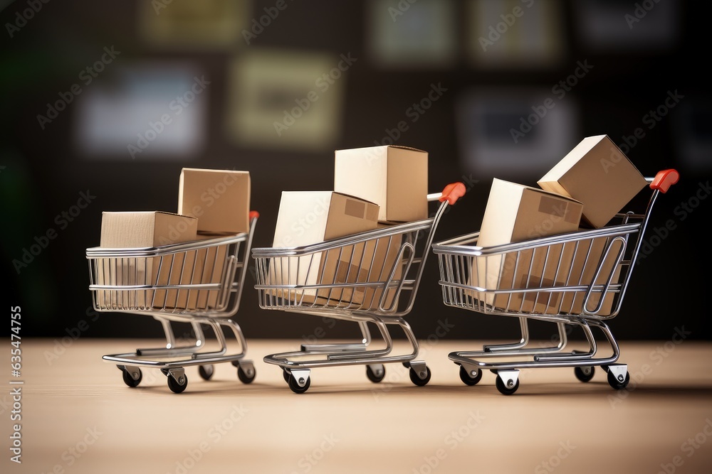 Shopping carts with cardboard boxes, online sales and ecommerce concept. Generative AI