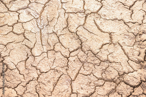 Cracked brown soil, barren wasteland surface natural background with deep focus