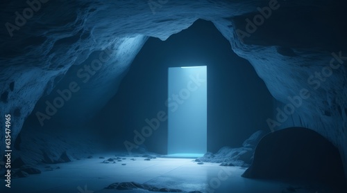 Minimalist cave in the floor has a blue light shining through the hole.