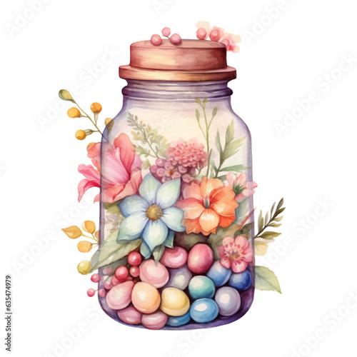 Candy Jar with Flowers Watercolor Clip Art, Watercolor Illustration, Flowers Sublimation Design, Flowers Clip Art.
