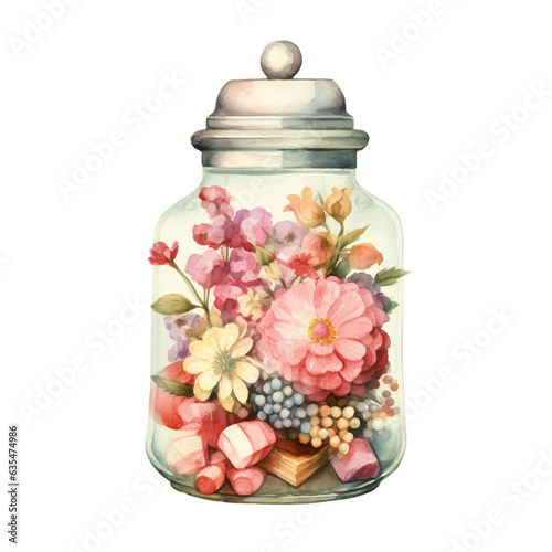 Candy Jar with Flowers Watercolor Clip Art, Watercolor Illustration, Flowers Sublimation Design, Flowers Clip Art.