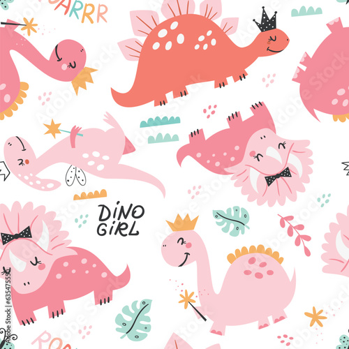 Seamless pattern with cute girl dinosaurs.