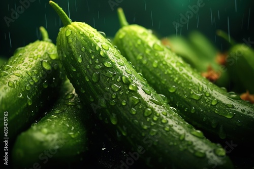 cucumbers in the rain with big drops of rain on them