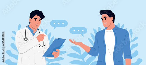 Medicine, healthcare and people concept. Doctor talking to patient in hospital. Doctor and patient with good news, health results, advice and report.