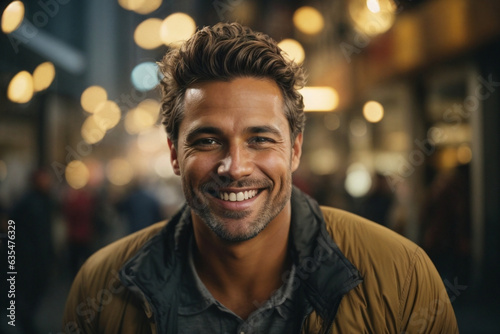 Handsome man smiling in city at night, urban charm.