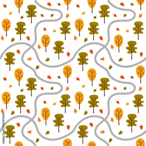 Autumn seamless pattern with forest and leafs